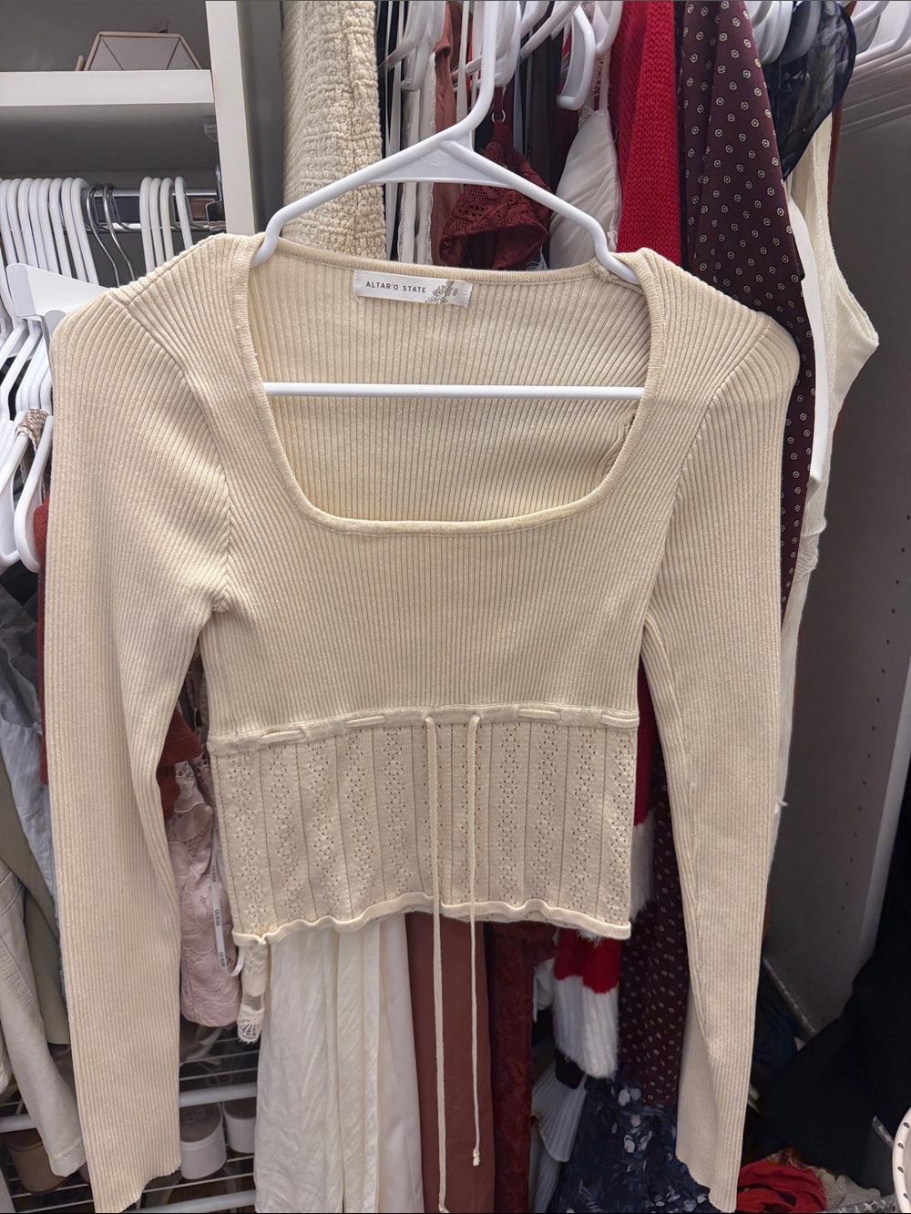 Altar'd State Cream Ribbed Square-Neck Lace-Hem Top
